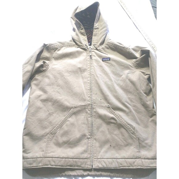 Patagonia Aztec Fleece Lined Khaki Tan Canvas Jacket Men 2XL Workwear Hoodie - Picture 2 of 16